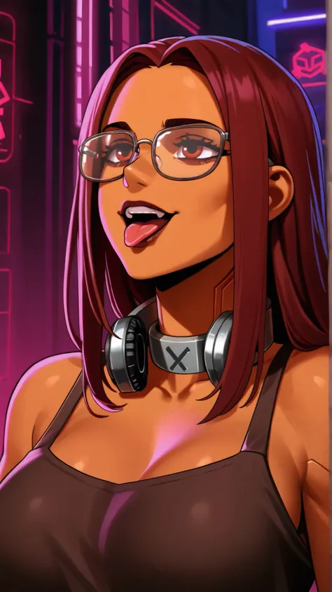 1 woman,shot of a cowboy,animated, ((((Lisa Blackpink))), cyberpunk ,A woman with glasses and a collar around her neck.,  Brown skin,bella poarch, charlixcx,The tongue protrudes from the lips,cyberpunk,  _ The background, Madison Beer as Leeloo