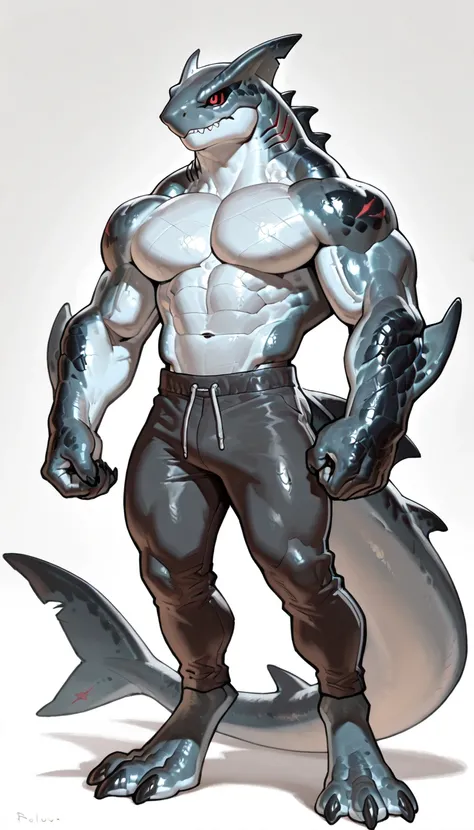 sharkman, anthro megalodon, darker hands and fins, black back, solo, big arms, bara, detailed skin, lizard shark hybrid, anthro, closed mouth, detailed shark skin, scalie arms, fins on arms, gray color body, beefy, thick scales on arms, digitigrade legs, 3...