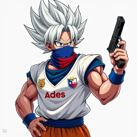 an illustration with Goku Ultra Instinct,  white hair, wearing the shirt of the University of Chile with a white collar and the Ades brand in the center of the t-shirt, Goku must hold a gun with the design of a glock pistol with an extended magazine in add...