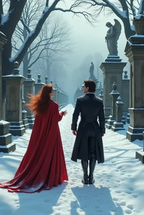 Gothic cemetery with statues of angels in the snow, a red-haired woman in a crimson red cape and a black-haired man in an 18th century suit talk away, perspective image 