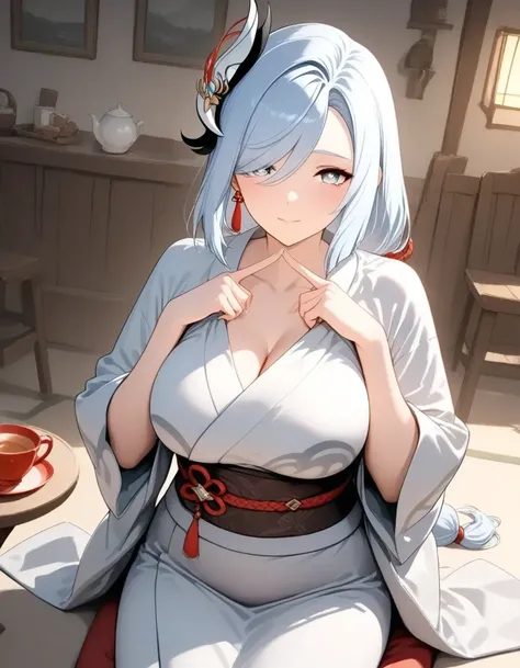  (Best Quality), (masterpiece), (detailed), ultra detailed beautiful face, ultra detailed beautiful eyes, perfect body, perfect hands, perfect fingers ,anatomically correct, beta, 1 woman, Shenhe \(genshin impact\), seiza, looking at the viewer, teapot, te...