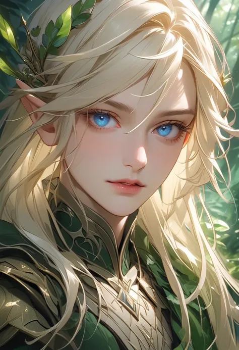 A realistic and detailed portrait of Etharis Velorian, an elven warrior with long, straight, platinum-blonde hair and vibrant blue eyes. He has an androgynous and ethereal beauty, reminiscent of Thranduil from The Hobbit, but with a more expressive and dra...