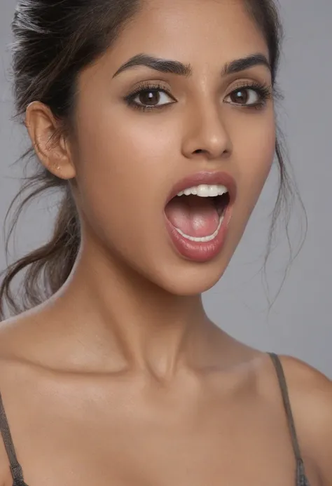 Ultra detailed photo of hindi woman, beautiful girl, highest quality realistic skin, eyes in focus, 40 years old, focus on mouth, open mouth, saliva, open mouth wide, inside of mouth visible, ponytail hair, mouth open wide, uvula visible, mouth open wide y...