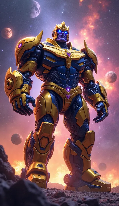 A monstrous hybrid of Thanos and Transformers Prime, merging the Mad Titan’s immense power and armored physique with the advanced cybernetic design of a Transformer. This colossal being has Thanos’ signature golden armor infused with mechanical plating, gl...