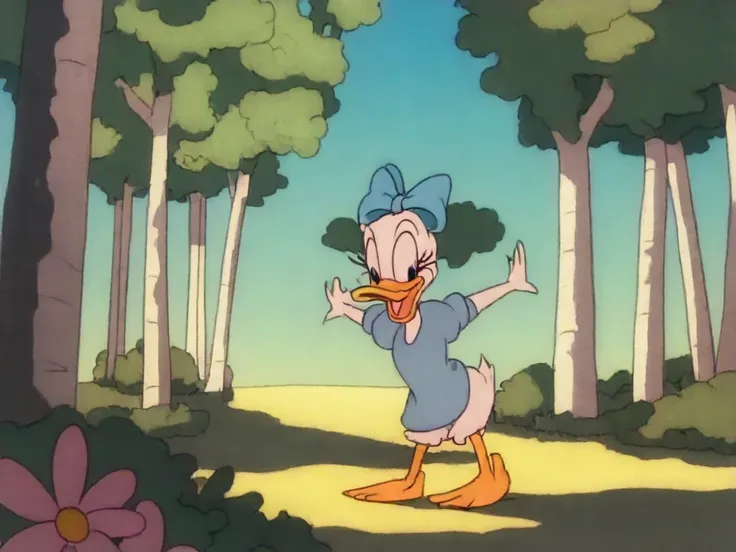 SUBJECT: Daisy Duck from Disney animated shorts. CORE DESCRIPTORS: Daisy Duck, anthropomorphic female duck, cartoon character. STYLE & ERA: Hand-drawn animation, 1940s, classic Disney style. BODY STRUCTURE: Slender avian body, bipedal, webbed feet, feather...