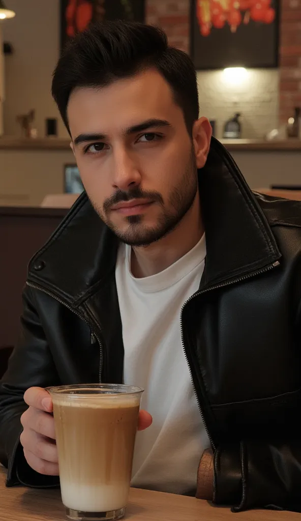 a young handsome turkish guy with muscle,  dark short hair and goatee beard amateur photo random picture he is is in a restaurant with a coffee latte he wearing a black leather jacket with collar and a white tshirt and a light loose jeans and has very much...