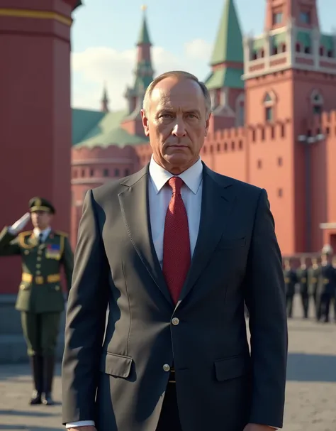 Create an image of a contemporary Russian politician standing in front of the Kremlin's entrance, saluting a soldier.