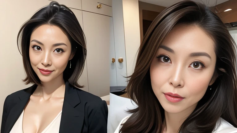 PCの壁紙用の画像、(a portrait with sharp focus and crisp quality, highlighting the subject's facial features, シャープなフォーカス, クリアな画像)、(((40歳の一人の女性)))、日本の成人女性、彼女はしゅふ、女性の顔のクローズアップ写真、画面中央に顔を描写、大きな笑顔、白い歯、元気で明るい女性、エレガントなミディアムヘア)、 (リアルな顔の皺:1.3), (目の周りのしわ:1.2), (ほうれい線:1.1), ...