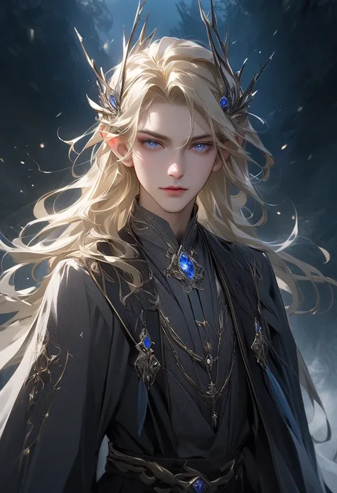 A realistic and detailed portrait of Ninie, an elven wizard with long, wavy blonde hair and piercing silver eyes. He has a regal and aristocratic appearance, reminiscent of Thranduil from The Hobbit, but with a colder and more calculating expression. Ninie...