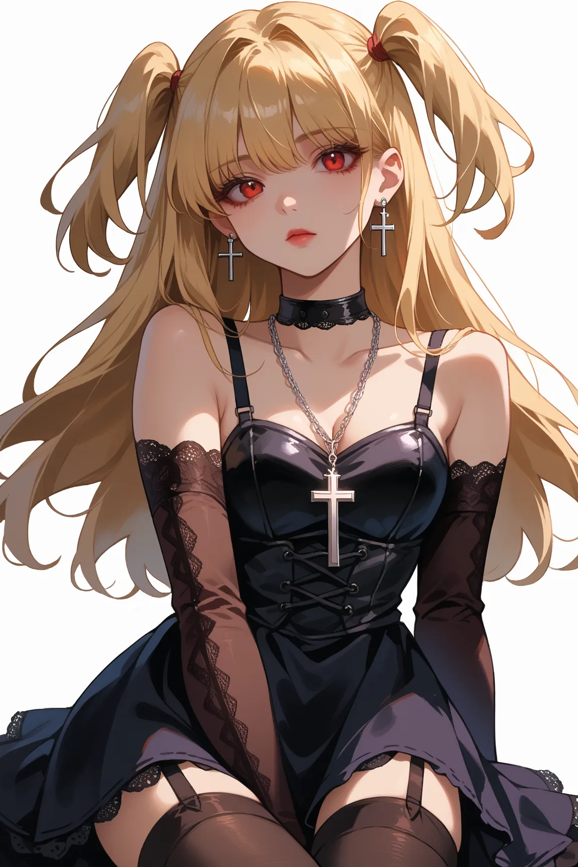 score_9, score_8_up, score_7_up, source_anime, wrnchdnamanemisa, blonde hair, long hair, two side up, red eyes, 
jewelry, necklace, cross necklace, earrings, 
detached sleeves, black dress, cleavage, black choker, black thighhighs, sleeveless dress, garter...