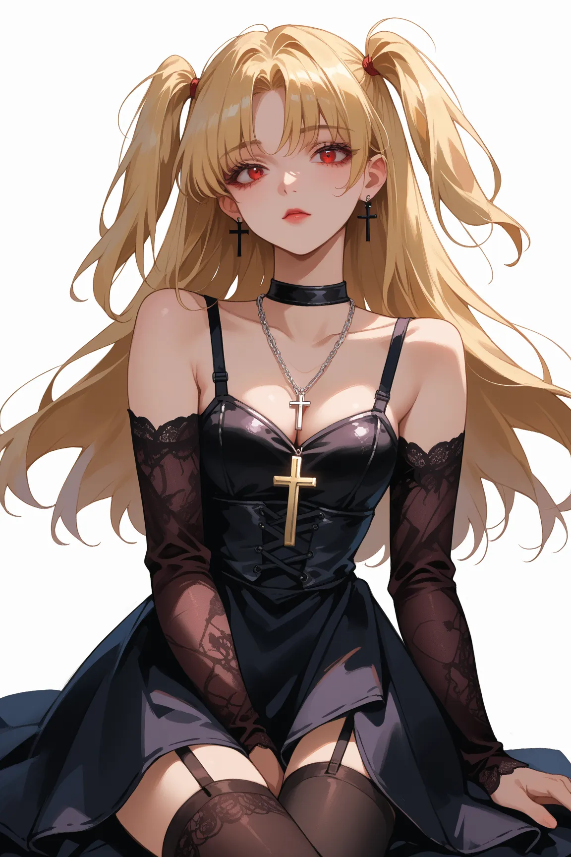 score_9, score_8_up, score_7_up, source_anime, wrnchdnamanemisa, blonde hair, long hair, two side up, red eyes, 
jewelry, necklace, cross necklace, earrings, 
detached sleeves, black dress, cleavage, black choker, black thighhighs, sleeveless dress, garter...