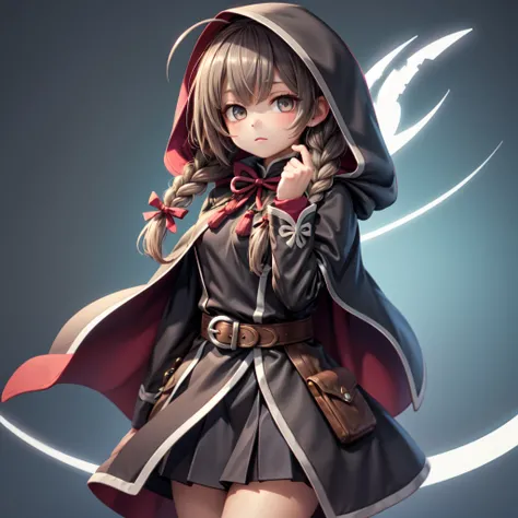 shinshuumaruKC, 1girl, solo, long hair,ahoge,twin braid, long sleeves, dress, ribbon, belt, hood, black dress, twin braids, capelet, hood up, black capelet, hooded capelet,