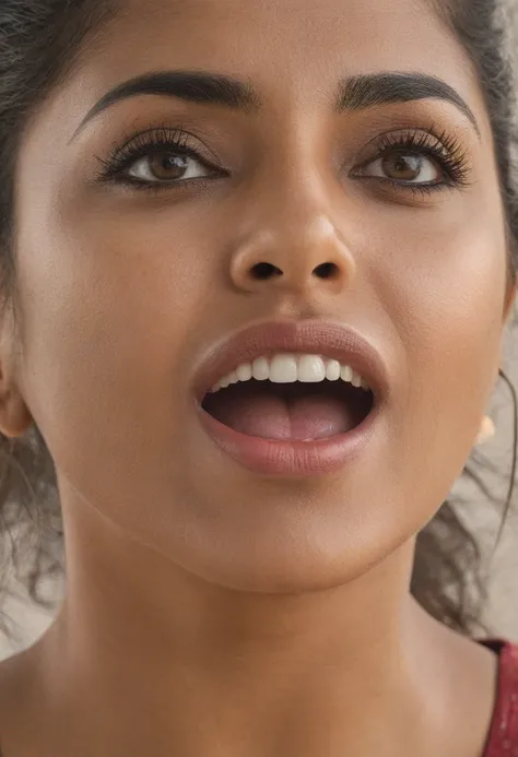 Ultra detailed photo of hindi woman, beautiful girl, highest quality realistic skin, eyes in focus, 40 years old, focus on mouth, open mouth, saliva, open mouth wide, inside of mouth visible, ponytail hair, mouth open wide, uvula visible, mouth open wide y...