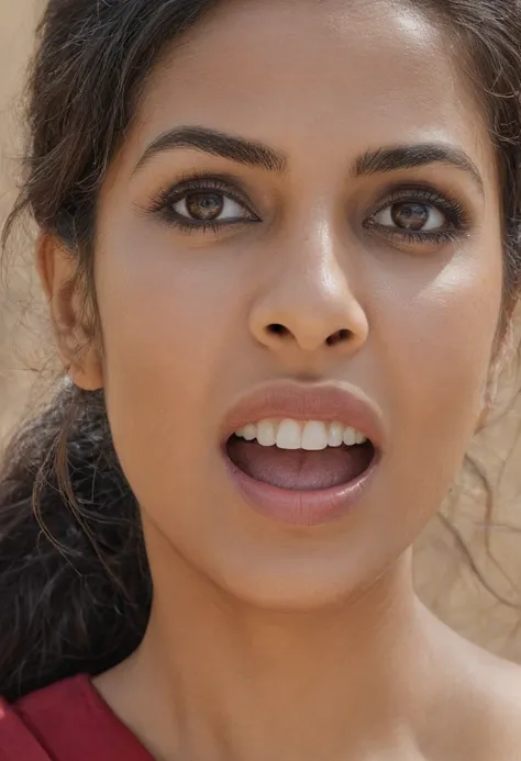 Ultra detailed photo of hindi woman, beautiful girl, highest quality realistic skin, eyes in focus, 40 years old, focus on mouth, open mouth, saliva, open mouth wide, inside of mouth visible, ponytail hair, mouth open wide, uvula visible, mouth open wide y...