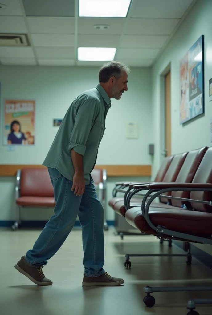 realistic photo of a person getting up from a chair in the waiting room in a hospital with great care