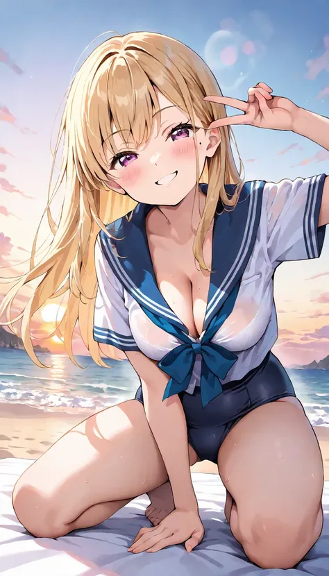 （Best Quality), Primary school students, a girl, solo, sexy,(lovely), beautiful sailor school uniform, blonde, semi long hairstyle, v,   ((middle  breasts)), smiling, open mouth, simple background, Kneeling pose , mole under eye , smirk, Kyoto Animation st...