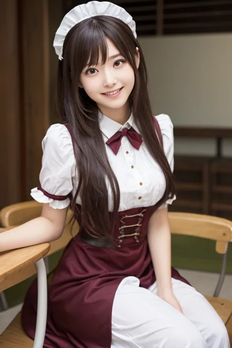  Realistic Photo Quality 、Japanese model in a silver and maroon dress is sitting on a chair、Anime girls cosplay 、Gorgeous maid、Maid Costume、  Maid Dress,  japanese maid cafe, looking at camera、Detailed and beautiful eyes、 cute smiles 、 soft and gentle expr...