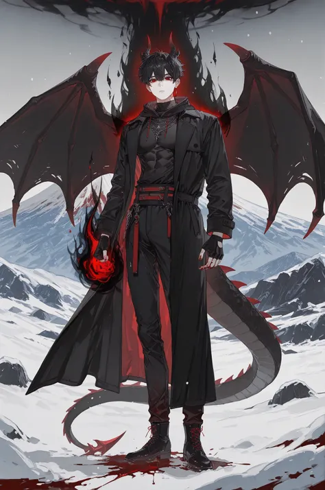 masterpiece, best quality, amazing quality, very aesthetic, suou (sdurorhr), ningen mame, (ciloranko:0.7), 1boy, Kuroki Ren, red eyes, black hair, short hair, single red earring, dragon horns, dragon wings, dragon tail, muscular, sexy man, handsome, black ...