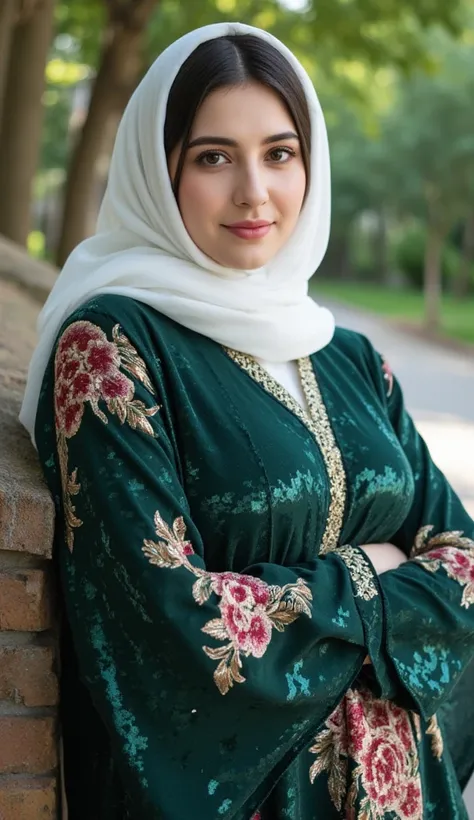 Close-up of the face of a Lebanese woman wearing a Lebanese hijab, a luxurious dark green shiny sequined abaya with a floral pattern, and a white scarf with a clasp, with natural breasts, looking at the camera, nature background, leaning against the wall w...