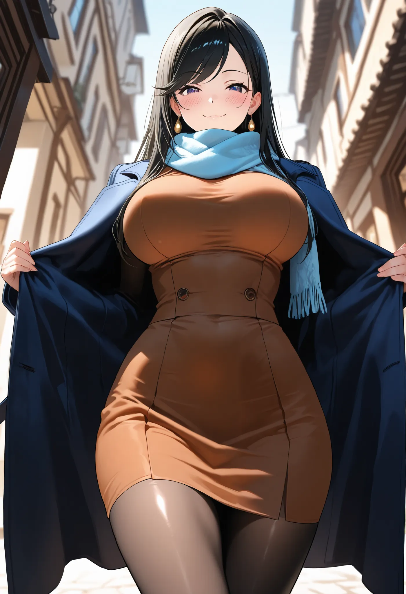 (best quality, masterpiece, ultra detailed, high resolution), Beautiful 8K CG artwork, Enriched photography, anatomically accurate body, depth of field,  1girl, elegant yet sexy girl, (long hair, black straight hair, swept bangs), 
round large breasts, bre...