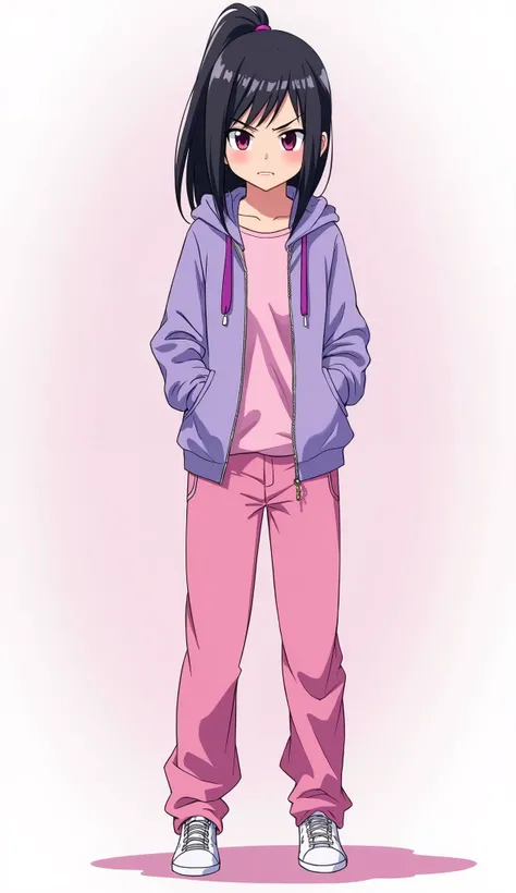 Japanese anime adolescent woman with medium long straight black hair with a ponytail and intense magenta eyes and wears a light purple hoodie with purple laces , a pink t-shirt underneath and loose pink pants and is wearing white shoes in shades of pink an...