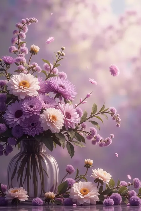 there is a vase of flowers with purple and white flowers, dreamy floral background, floral environment, in pastel colors, pastel flowery background, flowers background, dreamy and ethereal, flower background, nature and floral aesthetics, flowers in backgr...