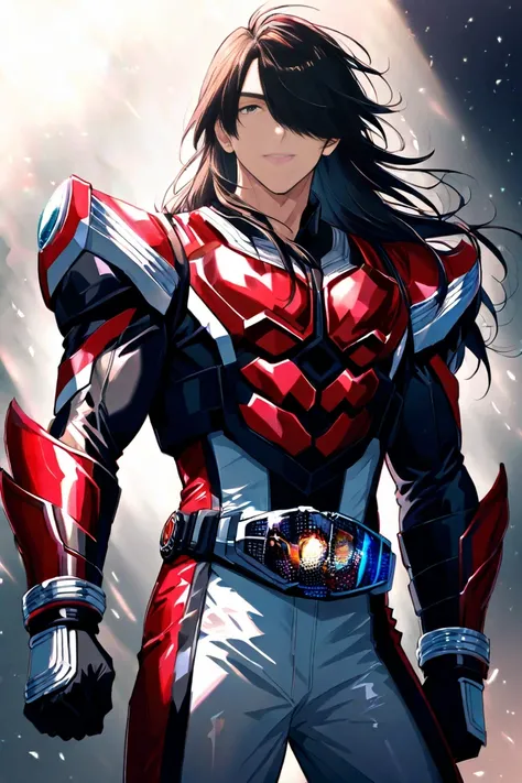 Beautiful young handsome man with a cool and handsome face, glowing Kamen Rider suit, 18 years old, toned and muscular, tall, long hair, long bangs, Cool handsome face, shining Kamen Rider suit, 18 years old, lean muscles, tall, long hair, long bangs, one ...