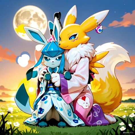 A Narehate,  anthropomorphic body, cream colored coat, cream-colored rabbit ears, short cat whiskers,  blue eyes, moon-shaped earrings with, a blue yukata with moon prints, On the left Pokémon Sylveon and an Evee, On the right a Pokémon Glaceon and a Digim...