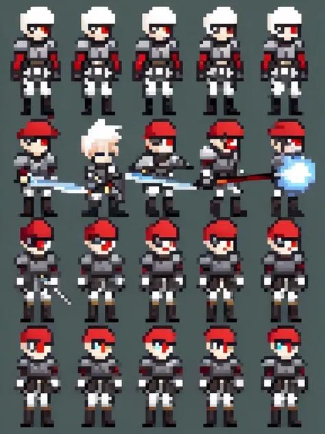 Create a sprite sheet for character animations that includes frames for movement, race, jump, sword attack. But the character is an apocalyptic soldier , white-skinned and red-eyed  

