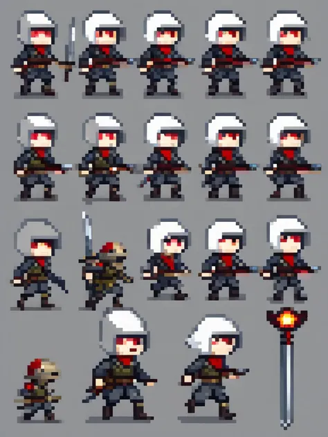 Create a sprite sheet for character animations that includes frames for movement, race, jump, sword attack. But the character is an apocalyptic soldier , white-skinned and red-eyed  

