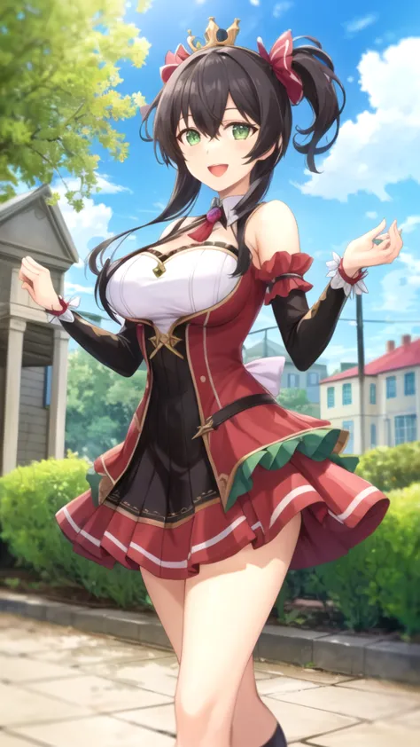 masterpiece, best quality, girl, solo, looking at viewer, natsuo_fujii, black hair, green eyes, large breasts, Genshin Impact cosplay, princess Dress, standing, smile, open mouth, outdoors 