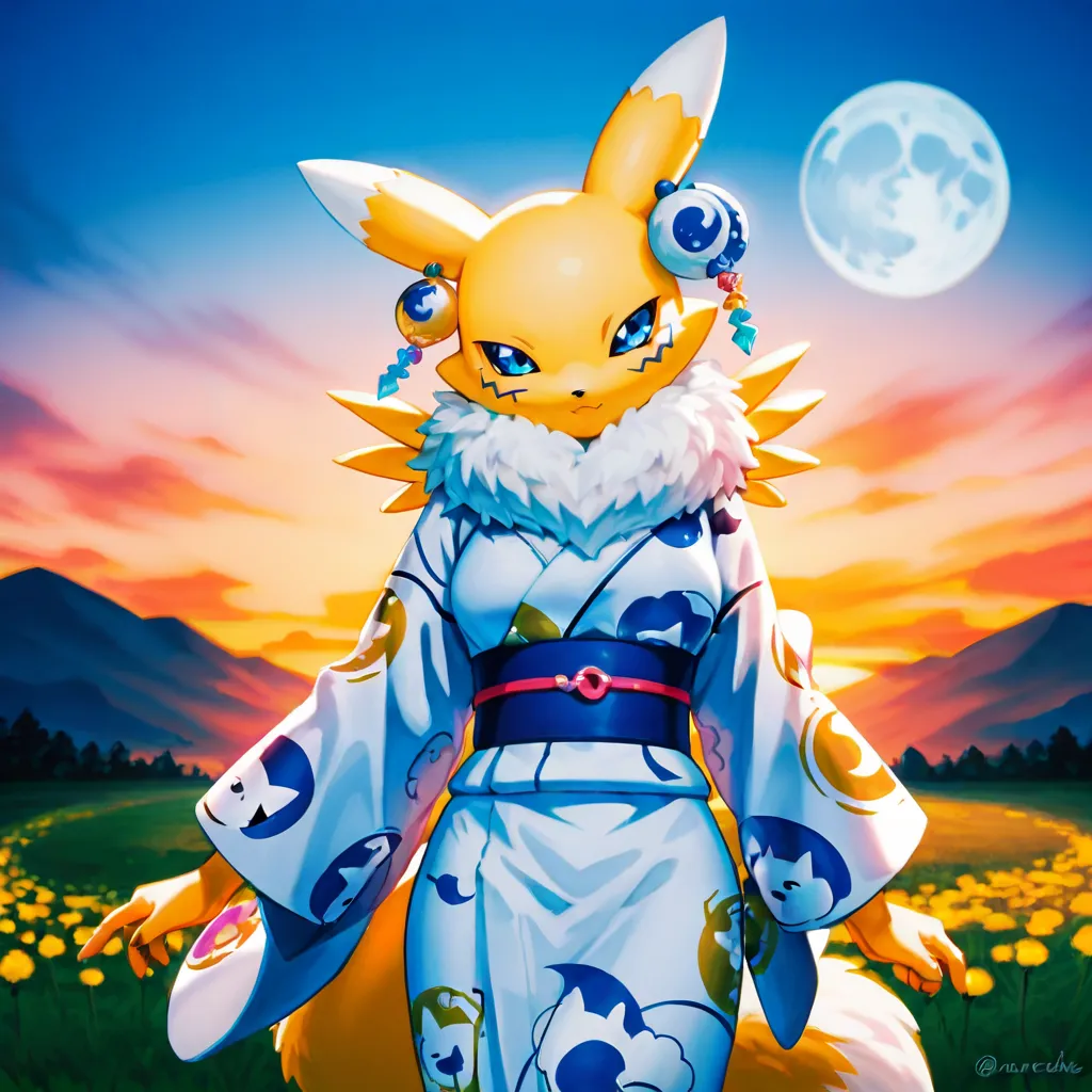 A Narehate,  anthropomorphic body, cream colored coat, cream-colored rabbit ears, short cat whiskers,  blue eyes, moon-shaped earrings with, a blue yukata with moon prints, a Digimon Renamon next to her, enjoying a beautiful picnic 
Backdrop of a meadow at...