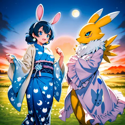 A Narehate,  anthropomorphic body, cream colored coat, cream-colored rabbit ears, short cat whiskers,  blue eyes, moon-shaped earrings with, a blue yukata with moon prints, a Digimon Renamon next to her, enjoying a beautiful picnic 
Backdrop of a meadow at...