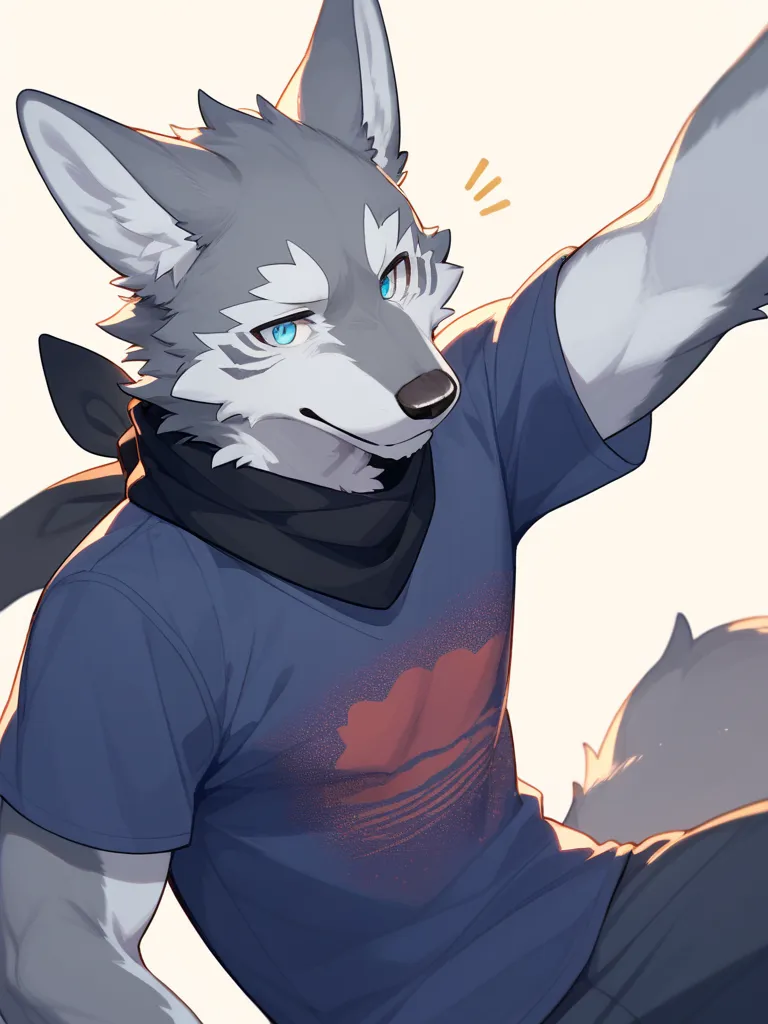  masterpiece, Anatomically Correct, high resolution, Clarity, clear eyes, Perfect color , perfect focus, man, alone, kemono , furry, grey wolf,  blue eyes, purple T-shirt, black scarf with a large white star pattern