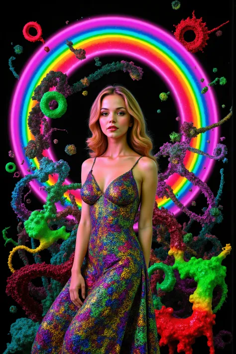 The brightest neon colors and shine reflect off swirling bands of light twisting around a blonde young woman, very attractive, her mermaid, bell shaped dress is extremely reflective and mirror like, and opens up, leaving several yards of material on the fl...