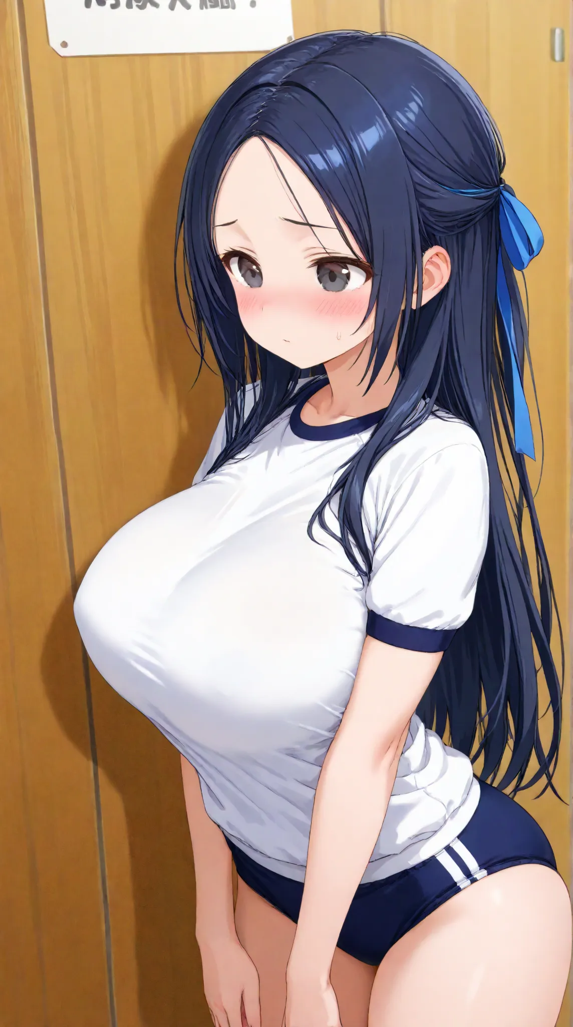 ,Big Breasts,   long hair,   (black hair) , bangs,  blush  , （1girl1.5）, blue hair ribbon、（ 1.5）solo. buruma, gym uniform