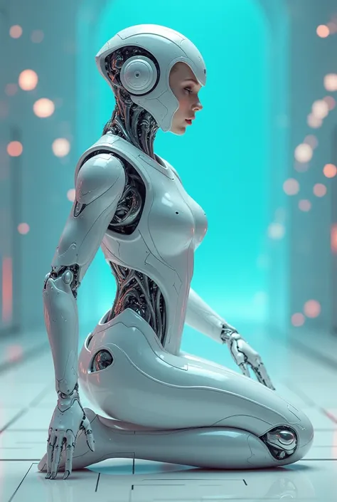 future woman wearing futurist clothing kneeling on the ground, inspired by Marek Okon,  Anime style rendered female robot wearing white futurist armor , Beautiful White Female Robot, inspired by cg society, retro futuristic style female robot,   high quali...