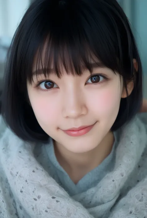 a smile、(Eyes are blue）、（hair blue）、(masuter piece:1.3)、(8k、Photorealsitic、RAW Photography、top-quality: 1.4)、(1girl)、beautiful countenance、(lifelike face)、(A dark-haired、short-hair:1.3)、Beautiful hairstyle、realisticeyes、Beautiful details、（real looking skin...