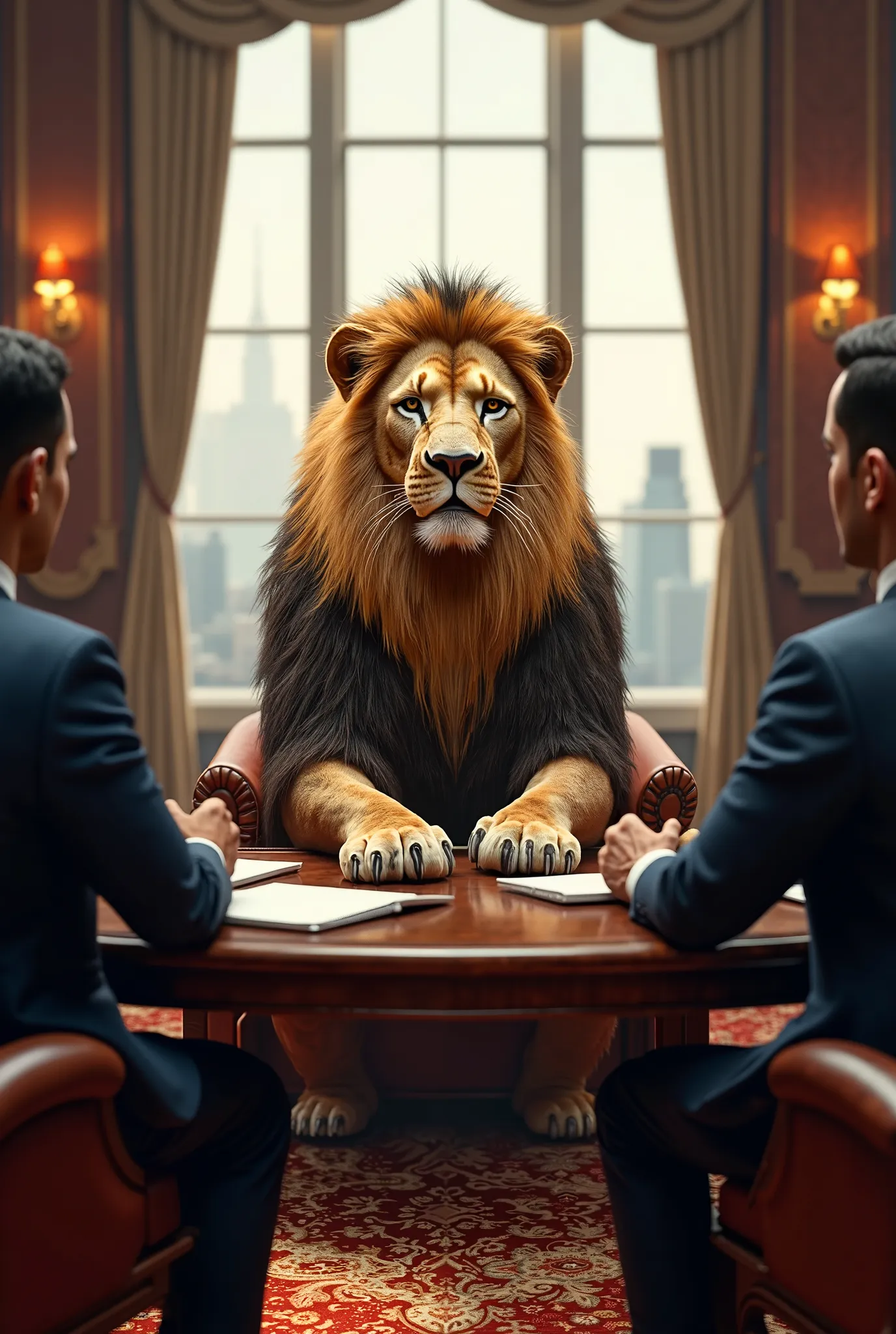 Create images of a lion in your office negotiating partnerships with businessmen 