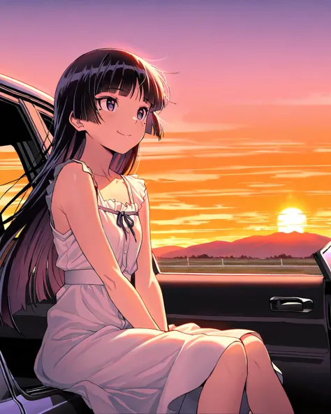 source_anime, best quality , Masterpiece
 BREAK 
1girl ,(Alone), ruri gokou, black hair, hime cut, long hair, purple eyes, bangs, mole,  white sundress, sunset, woman sitting on the hood of a car,  hair fluttering in the wind, Expansive roads, orange skies...