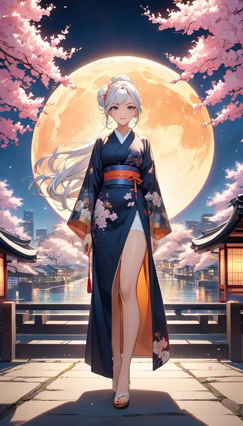 This is an illustration of an anime girl with a perfect hourglass figure, white hair and tanned Japanese skin in a new and vivid pose. She is wearing a kimono with graceful curves that reflect the golden ratio, adorned with a contemporary design that signi...