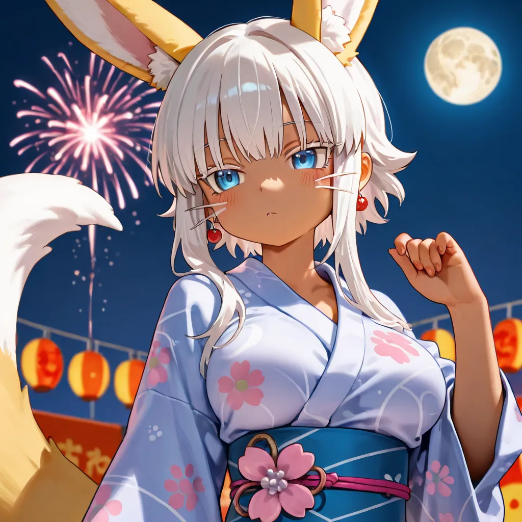 Una Narehate Nanachi,  anthropomorphic body, cream colored coat, cream-colored rabbit ears, short cat whiskers,  blue eyes, moon-shaped earrings with,  Slender Body Breasts, medium breasts, a blue yukata with moon prints, a Digimon Renamon next to her, wit...