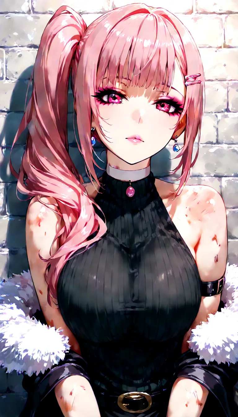  score_9,  score_8_up,  score_7_up,  score_6_up,   that improves white space ,  source_Anime, 1 girl, Alone,  white background,  Brick wall background, upper body, Watch viewers, break, earrings, break, pale pink lips,  sunburned skin , pink makeup,    rib...