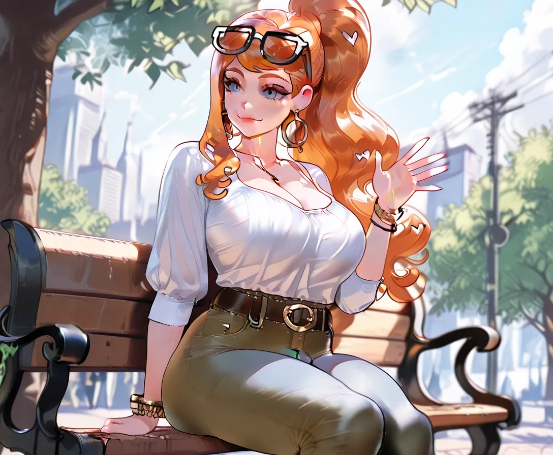 Sonia, long orange hair with a ponytail on the side, glasses on her head, blue eyes, she is a Futanari, big breasts, she is wearing tight jeans with a belt, a sexy white blouse with a low neckline, brown boots, yellow bracelet and hoop earrings, she is sit...