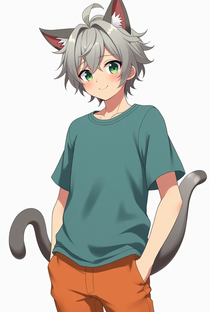 Create a 15-year-old anime-style male person with cat's ears and tail and gray in color, orange pants, Green Cotton Kangaroo Cata Poleron, cordón blanco,  green eyes, blue t-shirt,  happy face, messy gray hair 