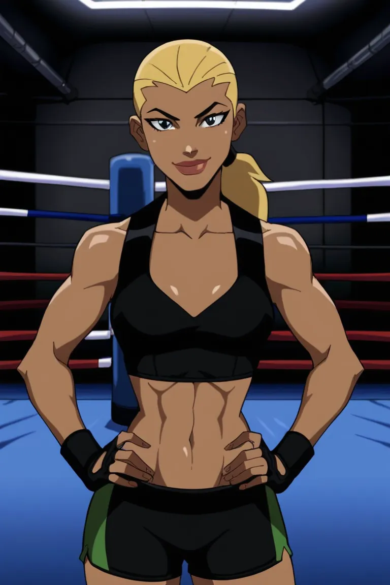 score_9, score_8_up, score_7_up, source_cartoon,artemis, blonde hair, ponytail, big lips, dark skin, medium breasts, jet black bikini top, jet black boxing shorts, jet black boxing gloves, BREAK standing, smile, closed mouth, hands on hips, confident expre...