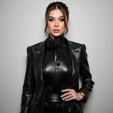 Foto hiperrealista en primer plano de arafed woman, make up, masterpiece, best quality, (photorealistic:1.4), full body, wearing (an extra long turtleneck black gown paired with a leather trench coat:1.3)