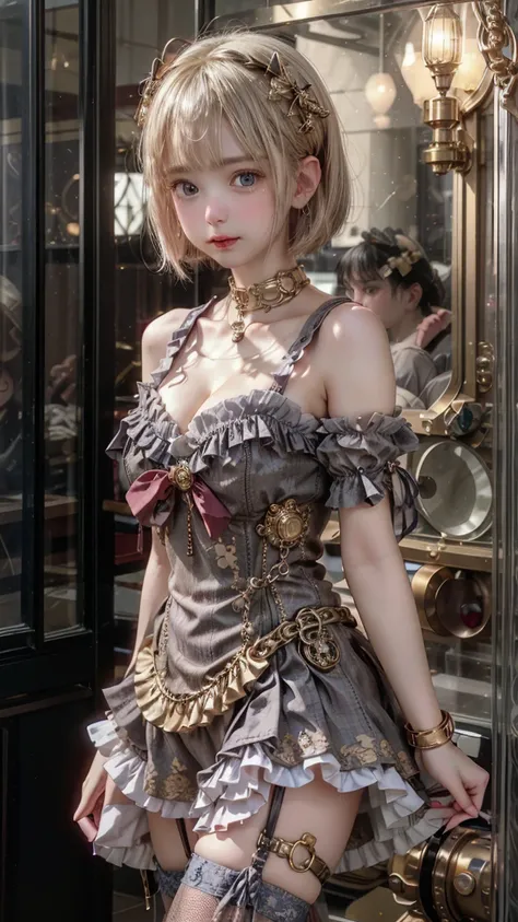 steampunk lolita mini dress、 platinum blonde hair、 straight short bob、round face、 Dark Blue Eyes 、 big eyes、 sagitales、 with his mouth slightly open 。 Luxurious metallic gold and dark red super mini dress、Skirt with lots of dark pink frills 、 stack 3 white...