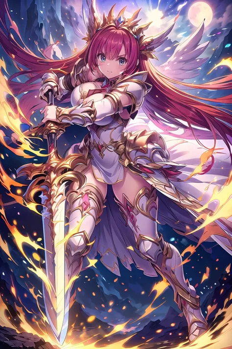 (((masterpiece, best quality, high detailed, 16k))) Female goddess holding a huge sword, big breasts, sword of flame, (giant sword), (close-up of sword), (close-up of weapons), Ornate Sword, head wings, multiple wings, white dress, white armor, cropped sho...