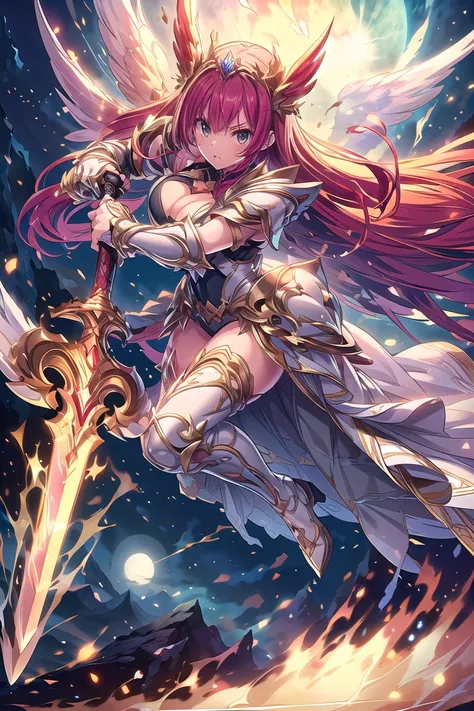 (((masterpiece, best quality, high detailed, 16k))) Female goddess holding a huge sword, big breasts, sword of flame, (giant sword), (close-up of sword), (close-up of weapons), Ornate Sword, head wings, multiple wings, white dress, white armor, cropped sho...